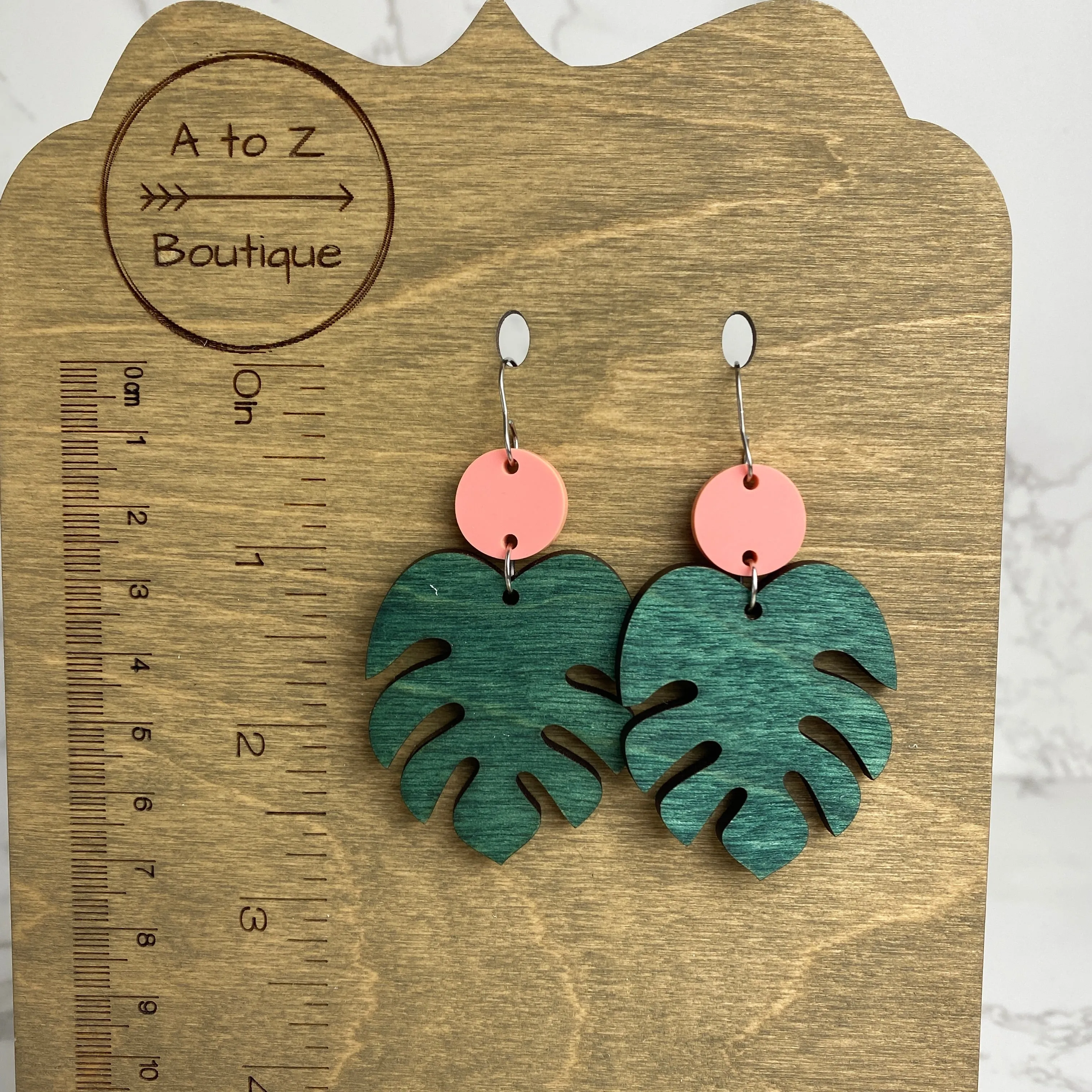 Wood and Coral Acrylic Leaf Earrings