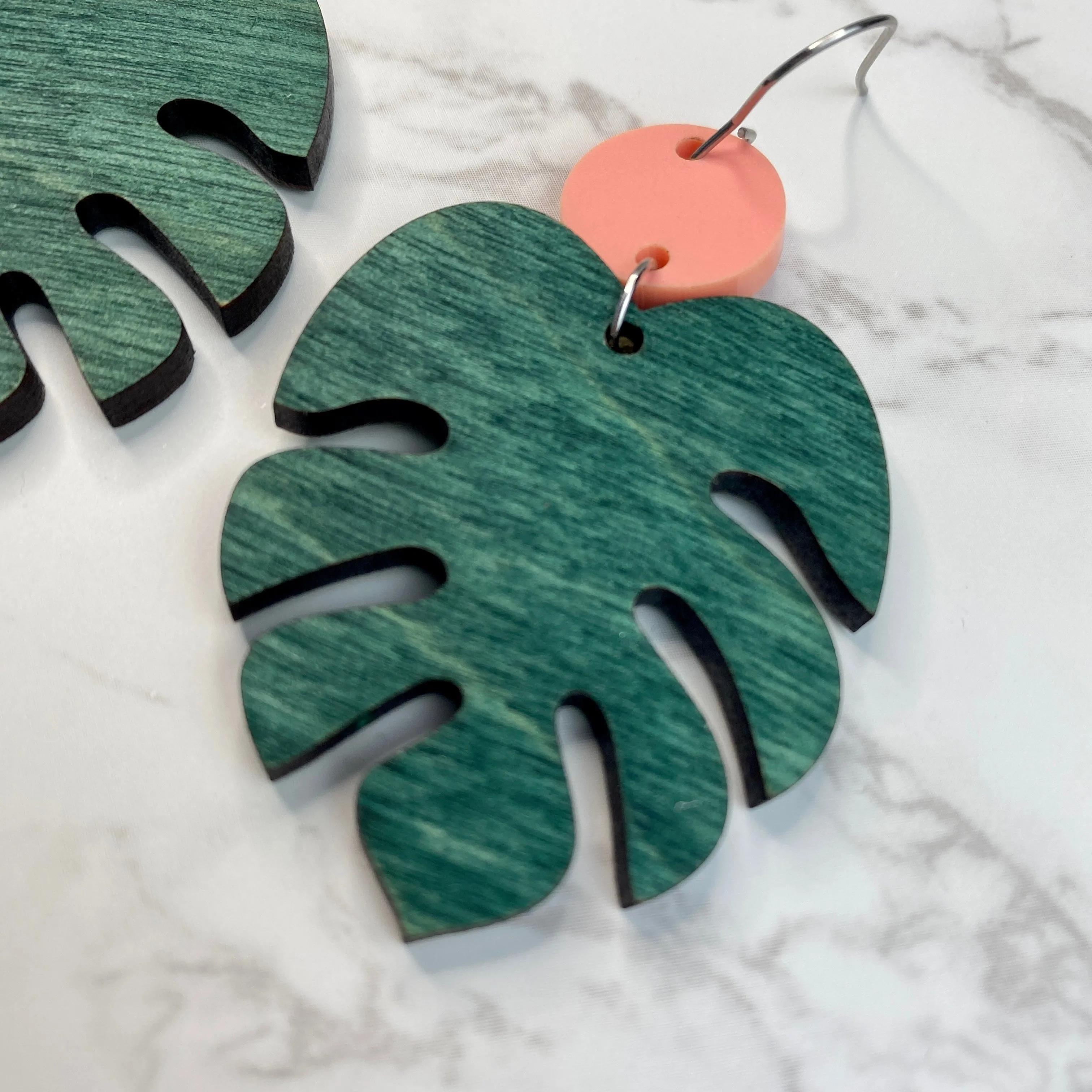 Wood and Coral Acrylic Leaf Earrings