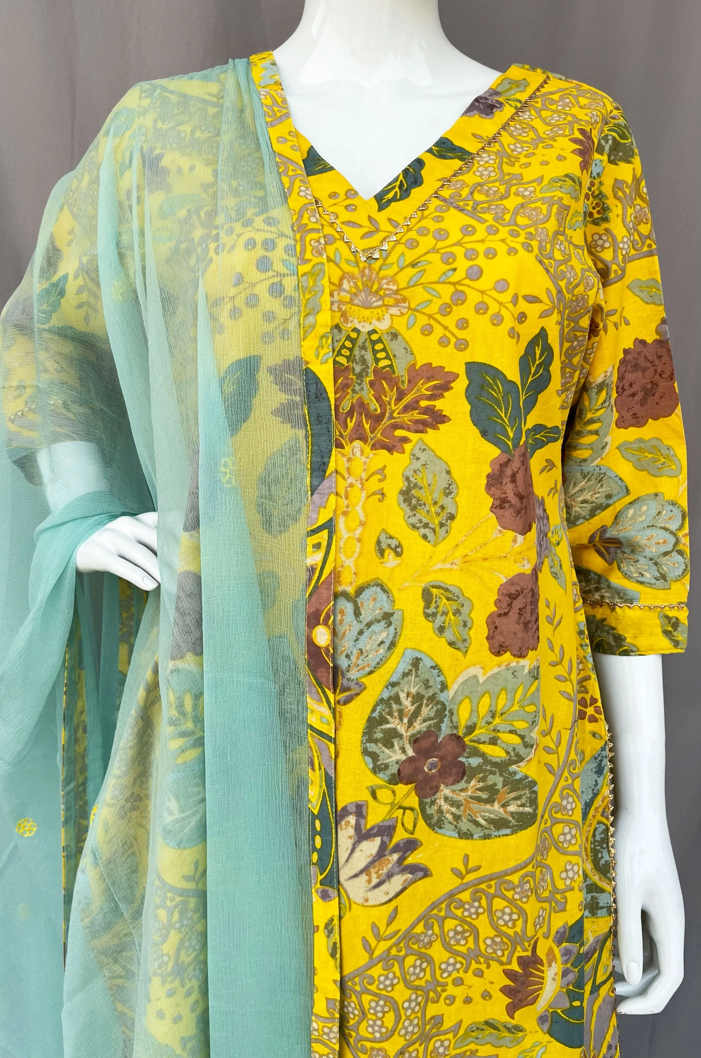 Yellow and Cyan Pure Cotton Full Patiala Salwar Suit