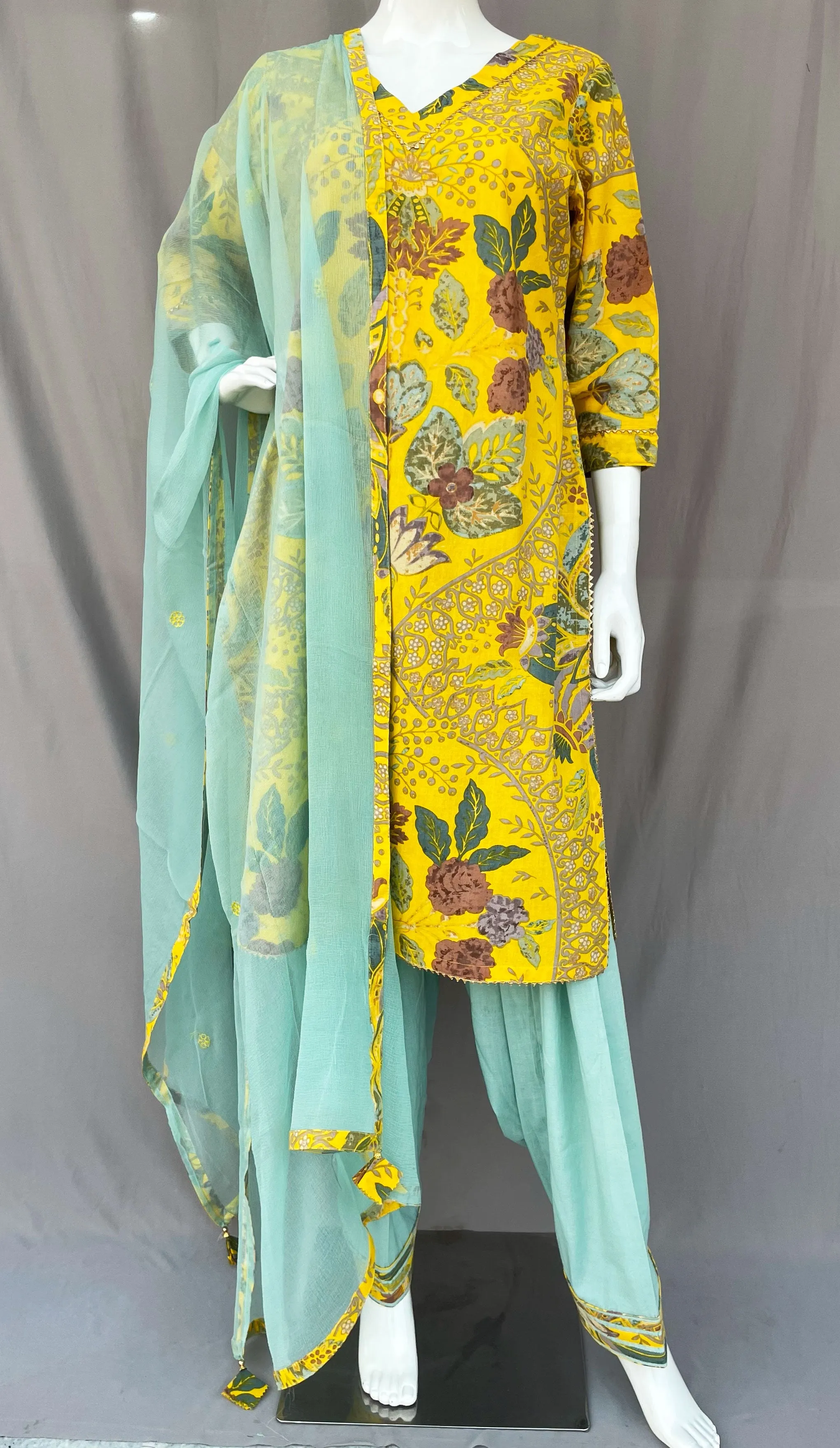 Yellow and Cyan Pure Cotton Full Patiala Salwar Suit