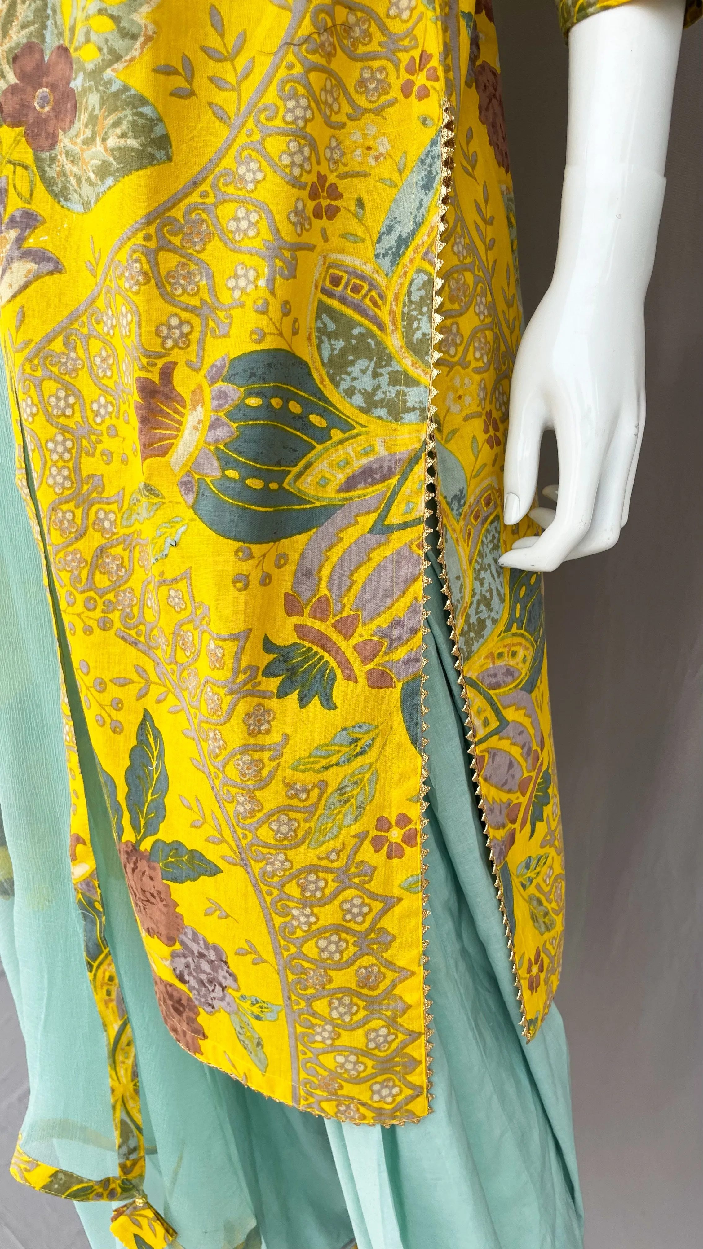 Yellow and Cyan Pure Cotton Full Patiala Salwar Suit