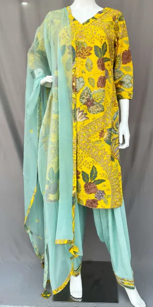 Yellow and Cyan Pure Cotton Full Patiala Salwar Suit
